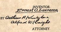 E.O. Lawrence's signature on patent for the cyclotron