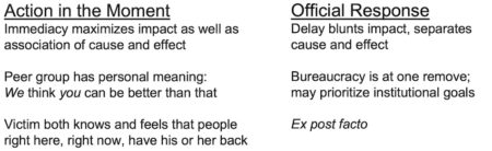 Table showing relative merits of immediate and personal vs. institutional measures against bias