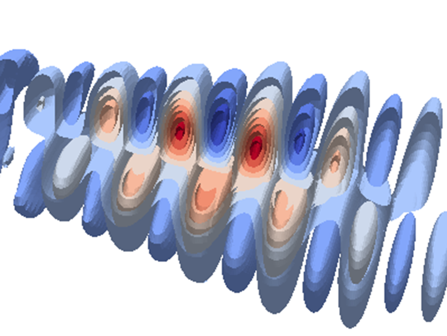 Simulation performed with the WarpX code shows surfaces of equal potential in a laser plasma accelerator