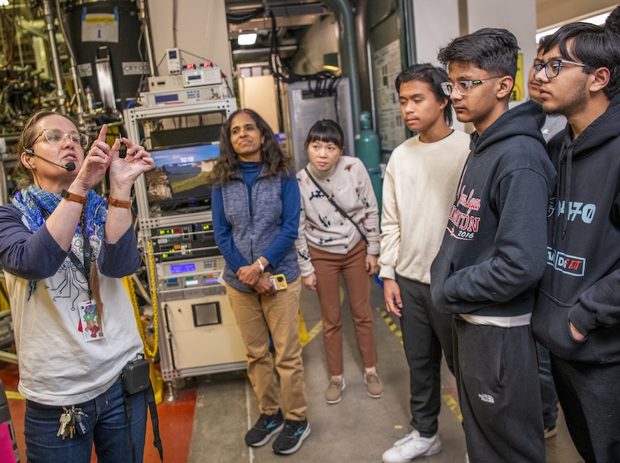 ATAP Outreach and Education Coordinator Ina Reichel leads a James Logan High School group on a tour of the Advanced Light Source